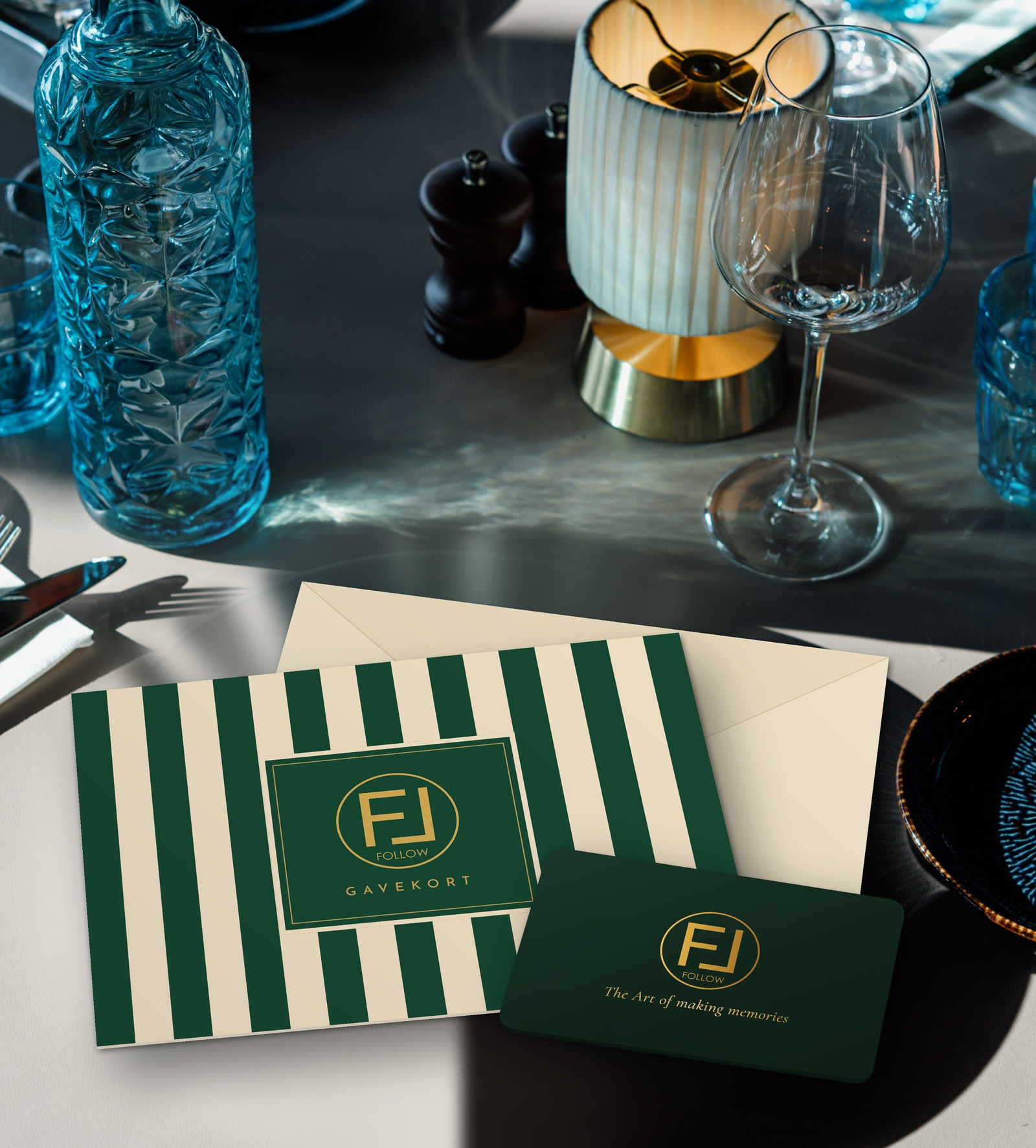 Follow gift card in green and cream stripes on the table